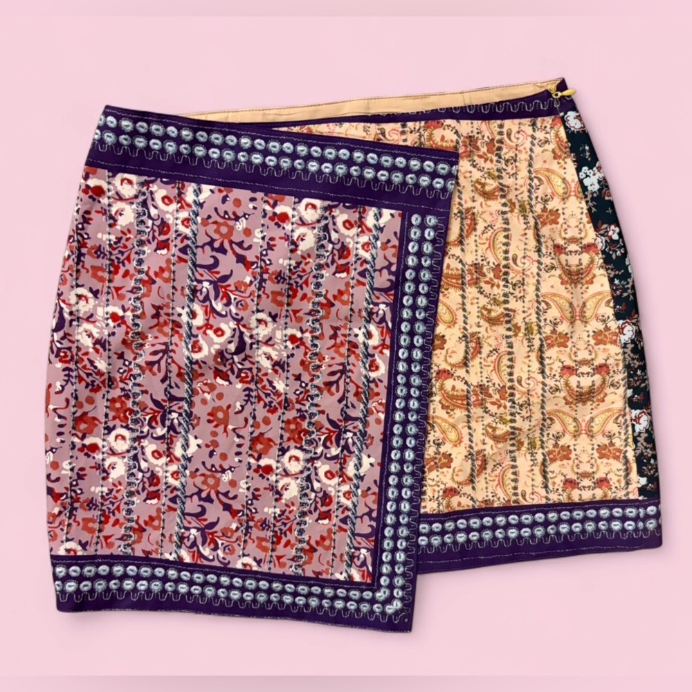 NWT Commense Wrap Patchwork Print Mini Skirt Purple Floral Size M - Picture 2 of 10